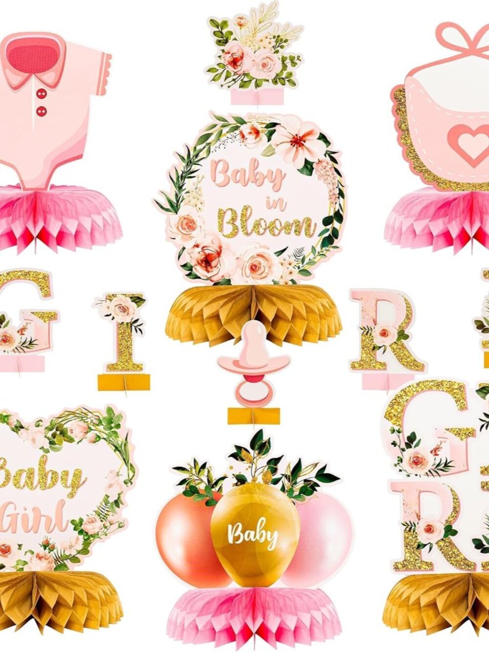 Floral Girl Baby Shower Honeycomb Centerpiece, 12Pcs Party Supplies